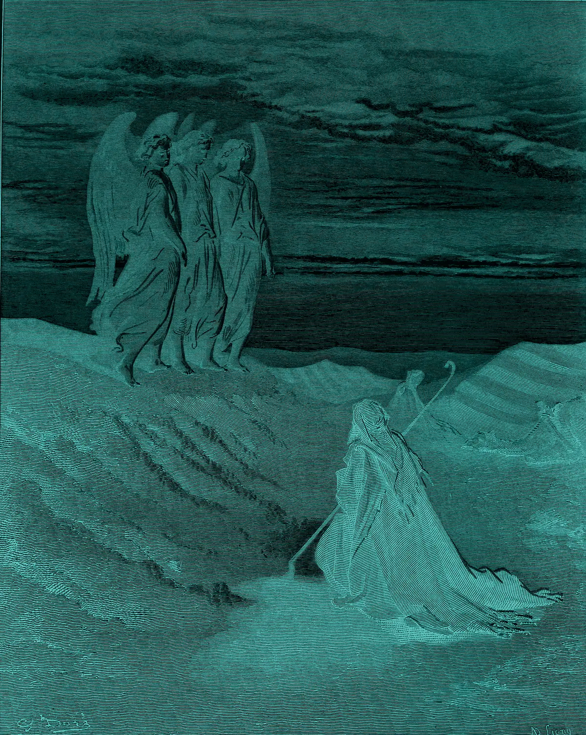 Gustave Doré, Abraham and the Three Angels. Engraving inverted and toned cyan.