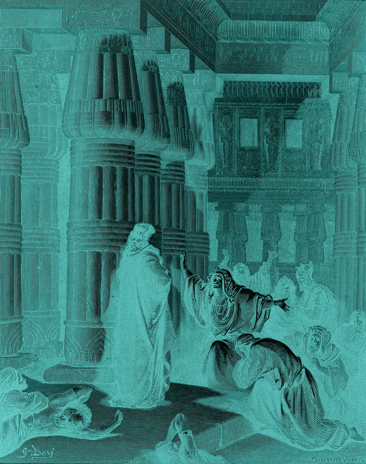 Gustave Doré, The Egyptians Urge Moses to Depart. Engraving inverted and toned cyan.