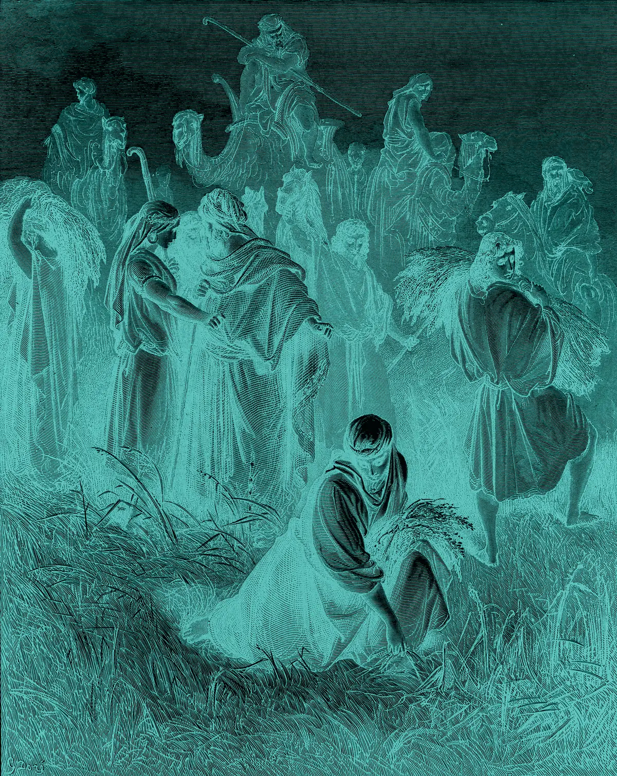 Gustave Doré, The Gleaners. Engraving inverted and toned cyan.