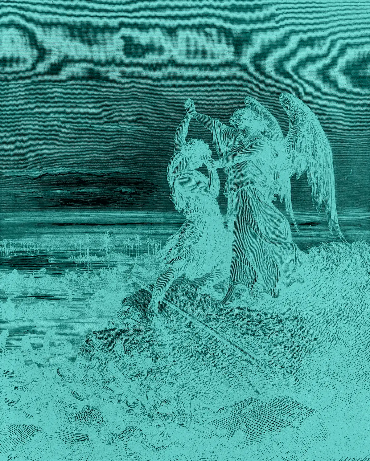 Gustave Doré, Jacob Wrestling with the Angel. Engraving inverted and toned cyan.