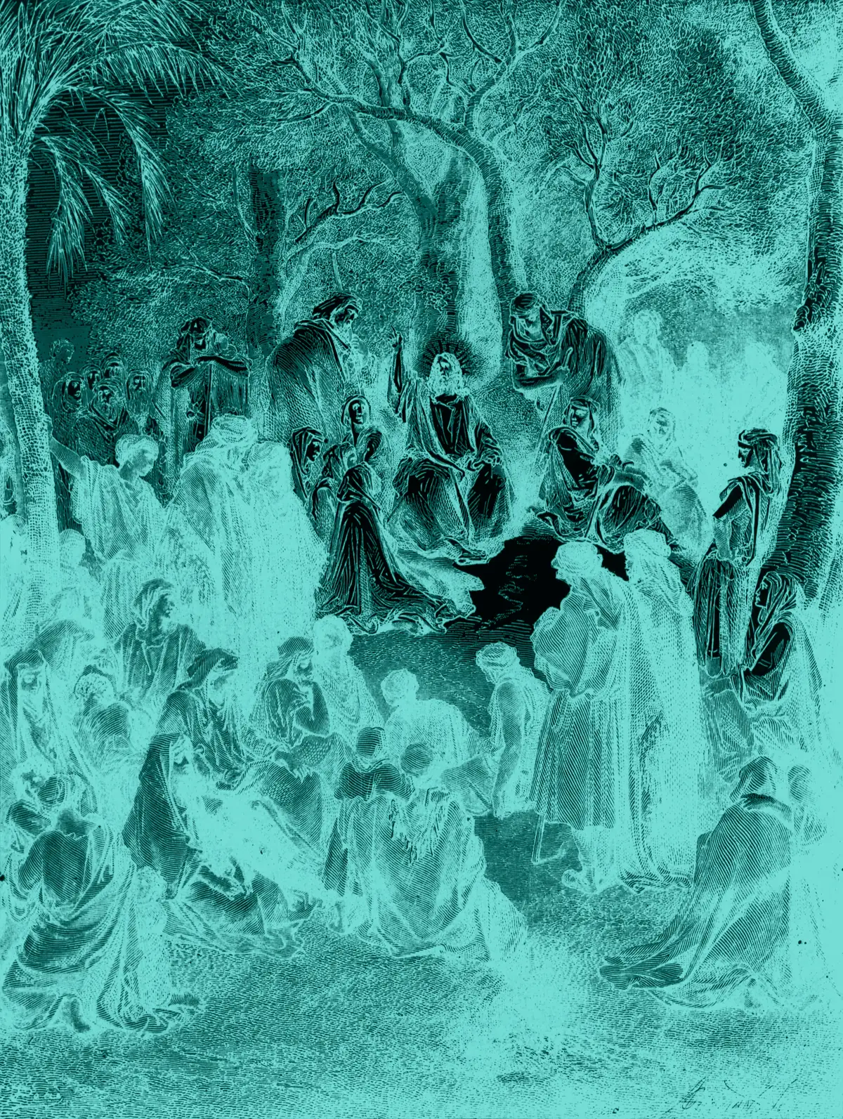 Gustave Doré, The Sermon on the Mount. Engraving inverted and toned cyan.