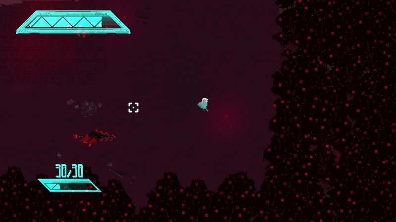 Ari attacking in melee and at range, the floor covered in blood